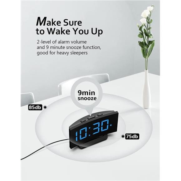 Digital Alarm Clock for Bedrooms, Digital Clock with Modern Curved Design - Picture 7 of 9